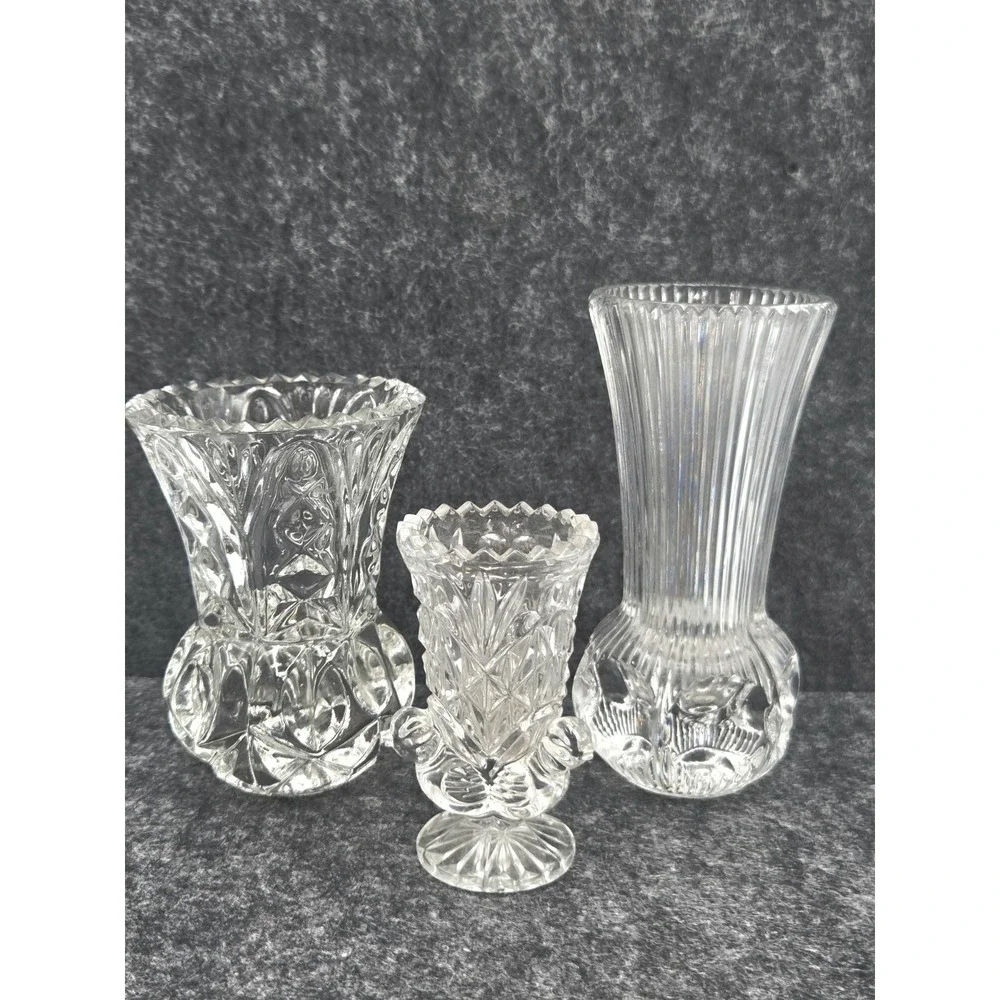 Lot Of 3 Hand Cut Lead Crystal Bud Vases Toothpick Holders VTG 1970's Thumbprint